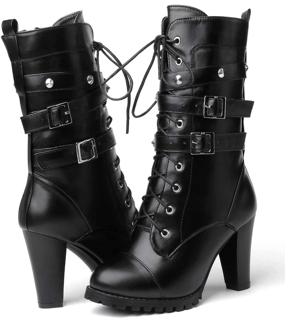 High Heel Boots for Women,Womens Platform Boot Heels Sexy Round Toe Lace UP High Heels Mid Calf Boots