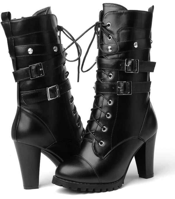 High Heel Boots for Women,Womens Platform Boot Heels Sexy Round Toe Lace UP High Heels Mid Calf Boots