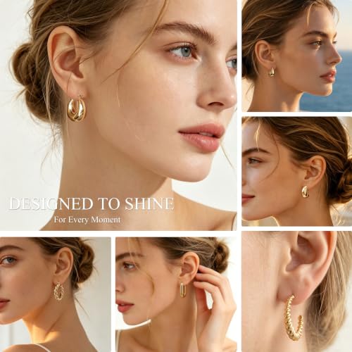 6 Pairs 14K Gold Plated Hoop Earrings for Women Lightweight Chunky Hoop Earrings Multipack Hypoallergenic, Thick Open Twisted Huggie Hoops Earring