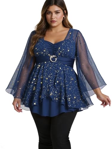 Rosegal Women Plus Size Sparkly Star Bell Sleeve Top
