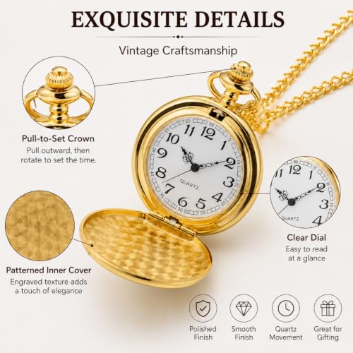 Smooth Vintage Gold Pocket Watch with Chain