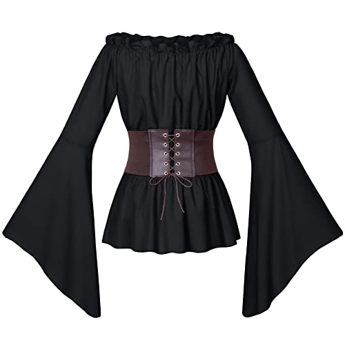 Womens Renaissance Victorian Peasant Ruffle Smocked Waist Boho Pirate Shirt Blouse with Belt Set