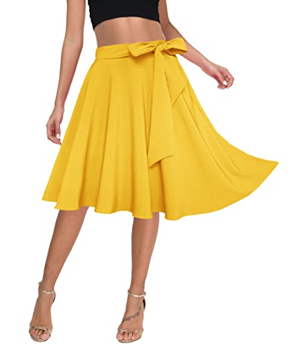 Womens Vintage High Waist A-Line Skater Skirt Flared Midi Skirt with Pockets