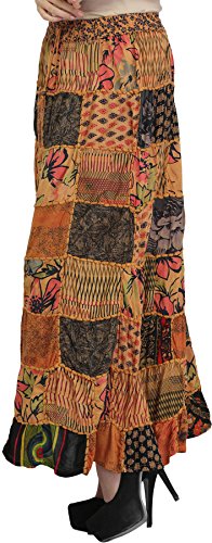 Exotic India Long Printed Dori Skirt from Gujarat with Patch Work - Rayon