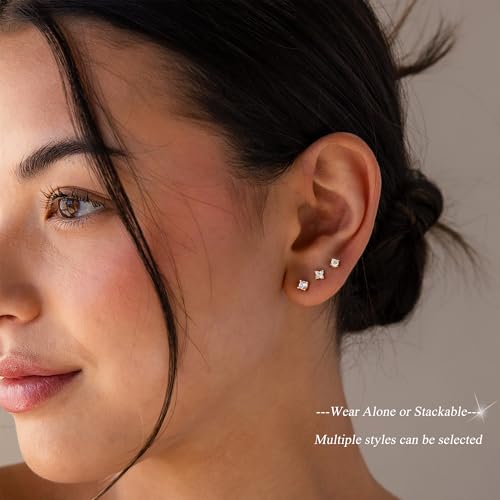 5 Pairs 14K Gold Plated Stud Earrings for Women, CZ Multiple Piercing Set