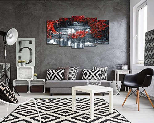 5 Pieces Large Black and Red Canvas Wall Art – Waterfall Landscape (Art Deco)