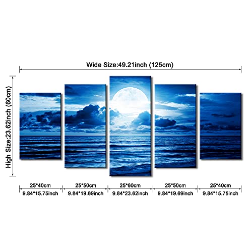 Blue Clouds 5-Piece Canvas Wall Art — Moon Sea Beach Landscape (Modern Art Deco)