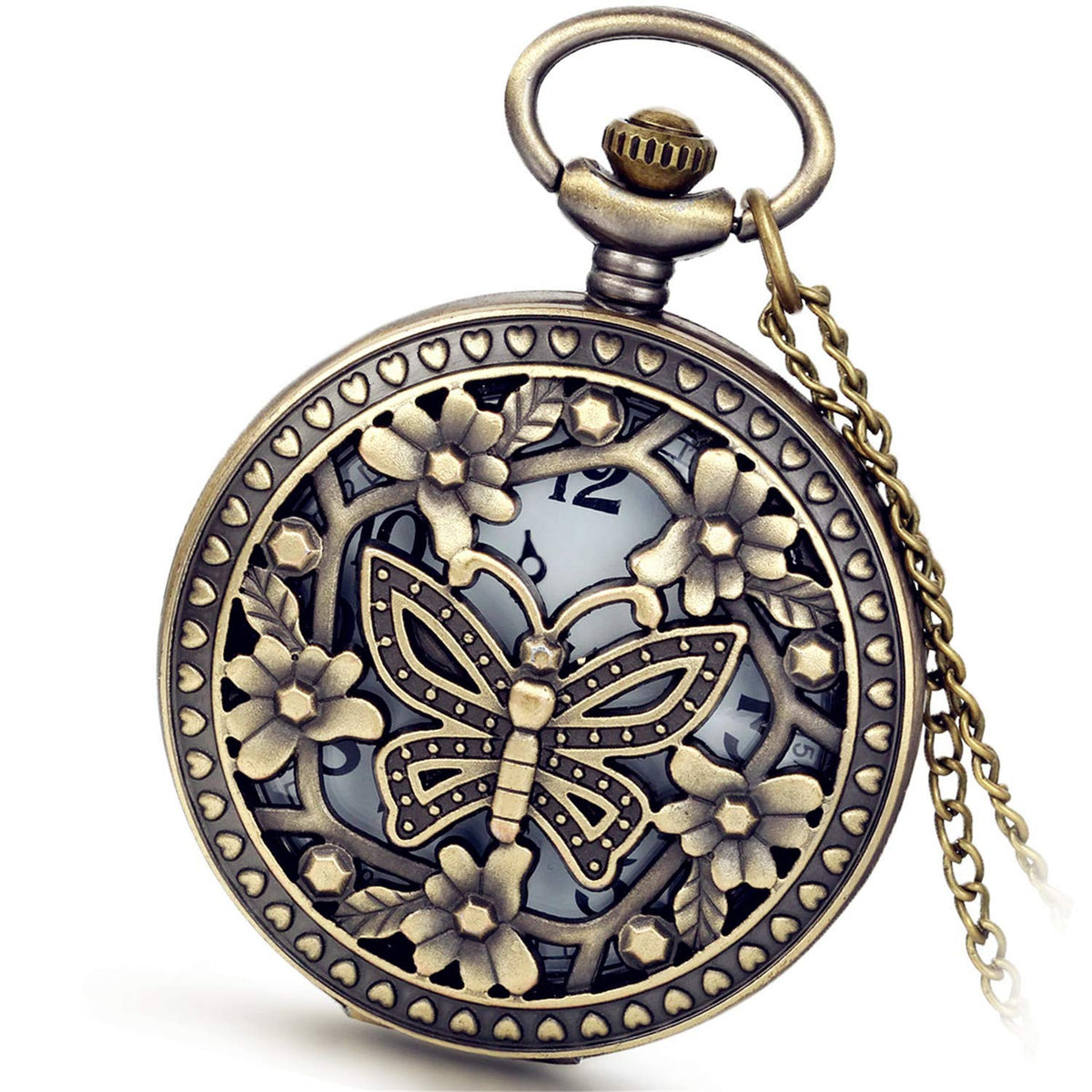 Antique Bronze Retro Openwork Rose Quartz Pocket Watch for Women