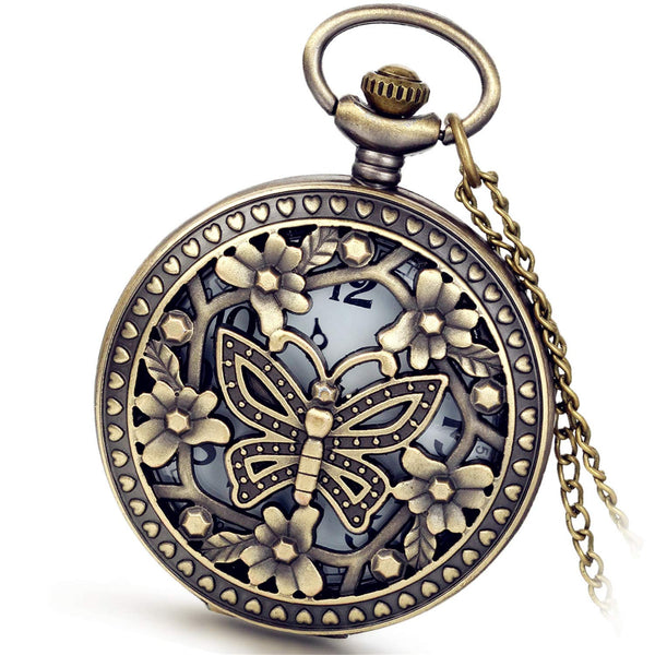 Antique Bronze Retro Openwork Rose Quartz Pocket Watch for Women