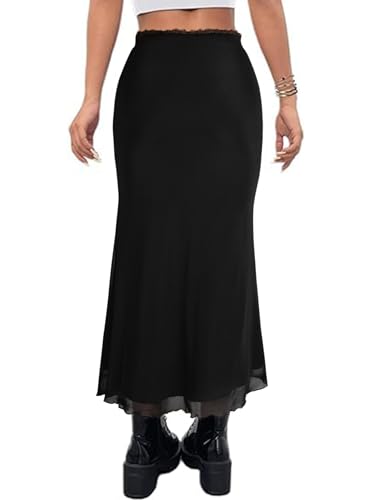Avanova Women Boho Floral Mesh Long Skirts Elastic High Waisted Mermaid Hem 90s Grunge Maxi Skirt