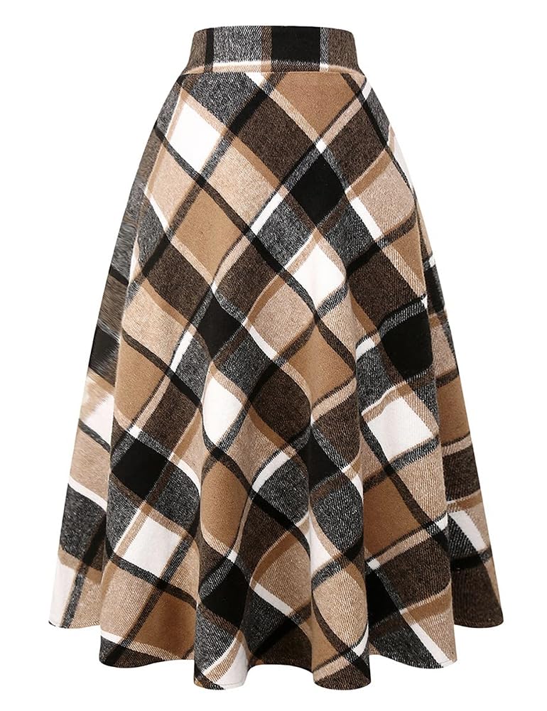 Long Plaid Wool Skirt for Womens Winter Fall Warm High Elastic Waist A line Flared Pleated Wool Tartan Skirts