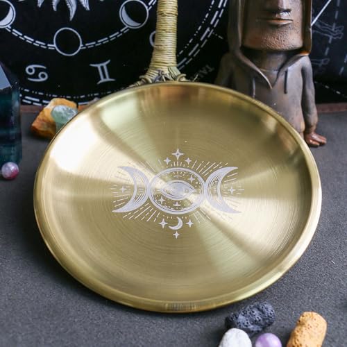 Offering Bowl Prayer Ritual Plate Great for Wicca, Altar use, Ritual use, Incense Burner, smudging Bowl, Decoration (Golden Triple Moon)