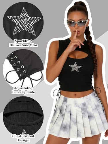 Womens Y2K Gothic Tops Star Sparkly Rhinestone Fitted Crop Tops