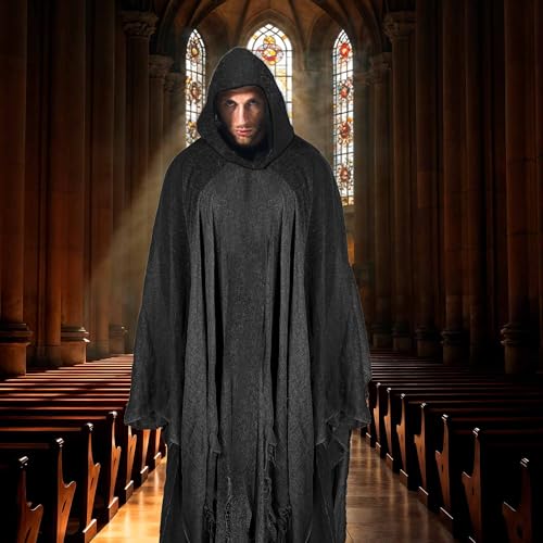 Halloween Hooded Cloak Medieval Renaissance Cloak Wizard Robe with Hooded for Adult Linen Hooded Cloak
