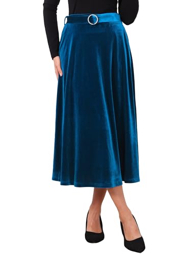 Women's Velvet High Waist A-Line Formal Long Skirt with Belt
