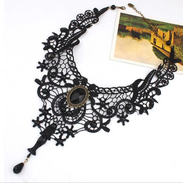 Gothic Lace Choker Necklace - Vintage Black Beaded Steampunk Collar with Gemstone