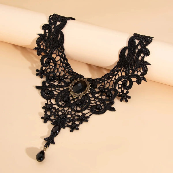 Gothic Lace Choker Necklace - Vintage Black Beaded Steampunk Collar with Gemstone