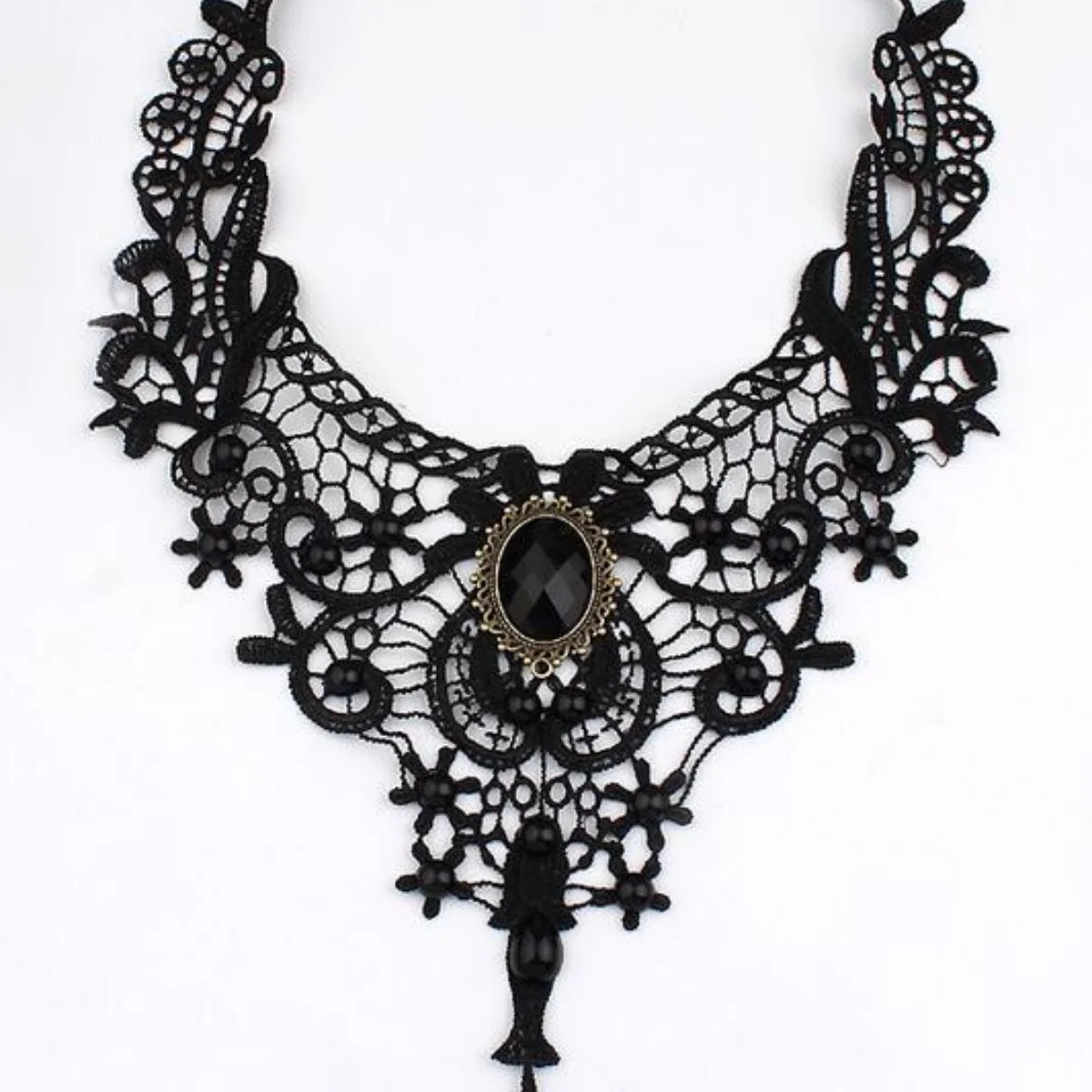 Gothic Lace Choker Necklace - Vintage Black Beaded Steampunk Collar with Gemstone
