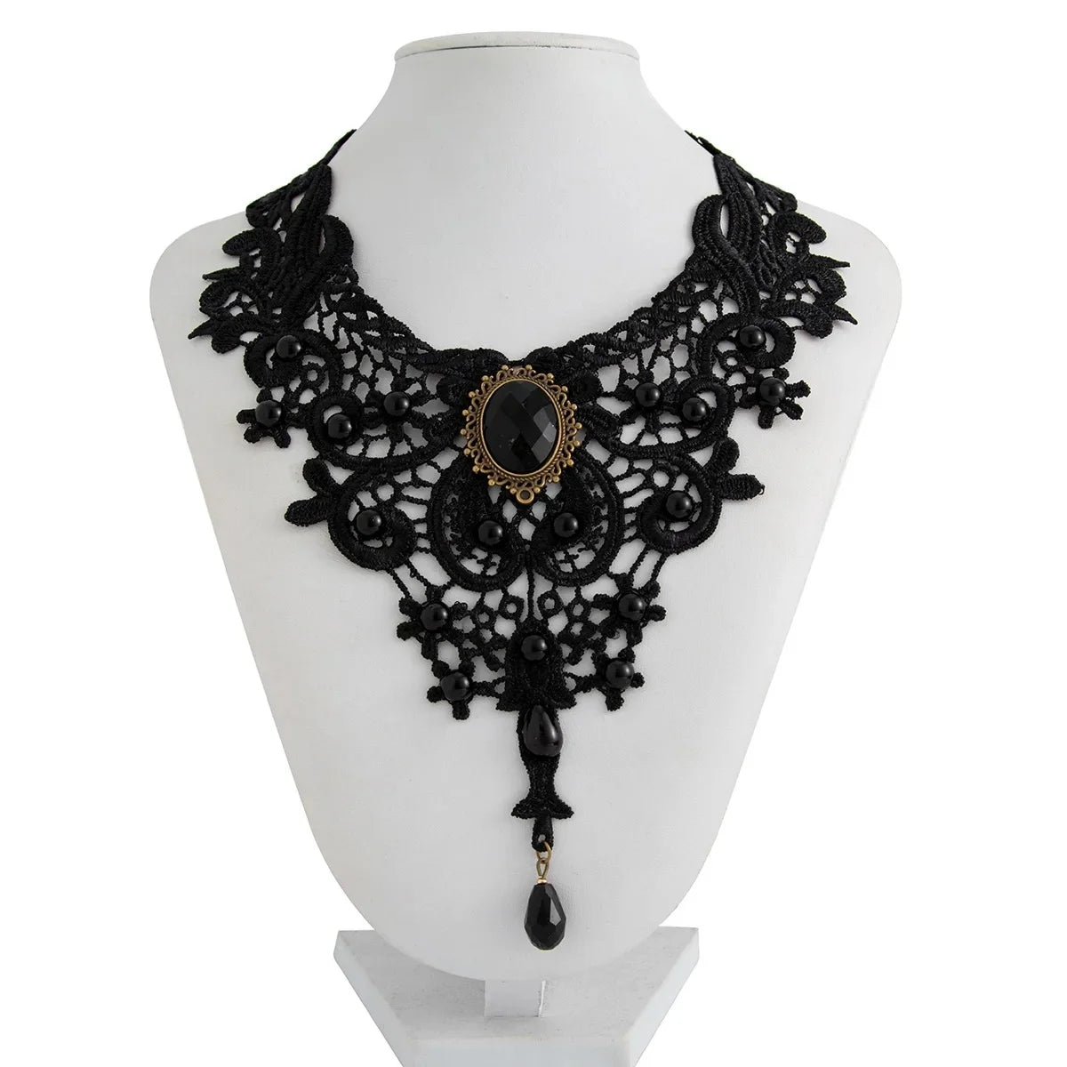 Gothic Lace Choker Necklace - Vintage Black Beaded Steampunk Collar with Gemstone Main image