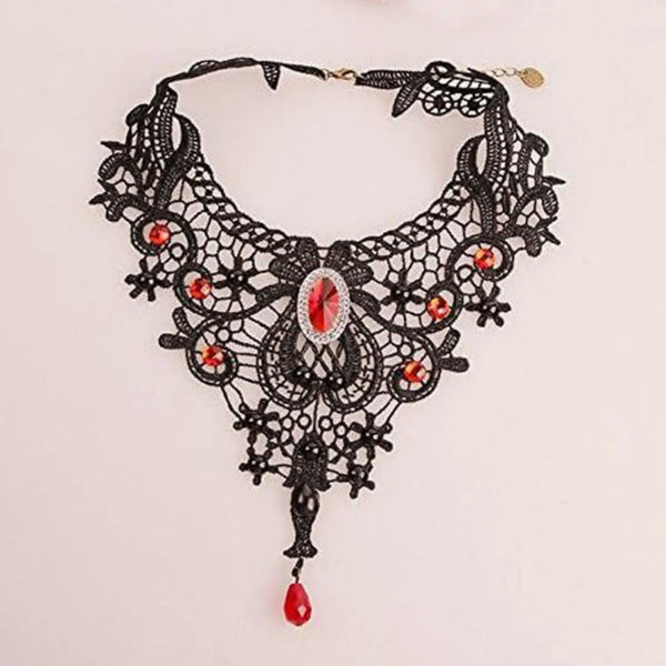 Gothic Lace Choker Necklace - Vintage Black Beaded Steampunk Collar with Gemstone
