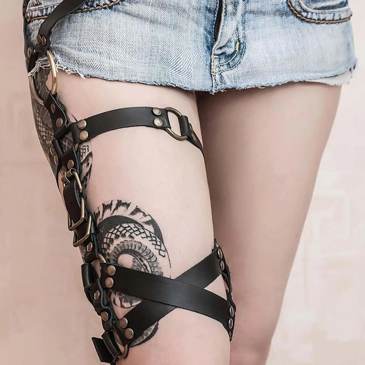 Gothic Steampunk Leg Harness - Studded Leather Thigh Garter with Bronze Hardware