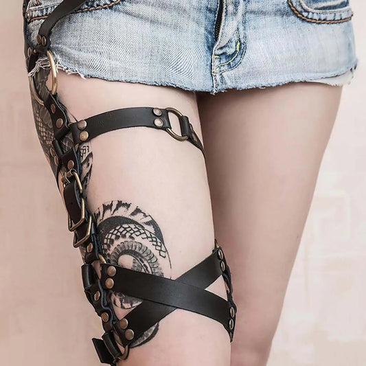 Gothic Steampunk Leg Harness - Studded Leather Thigh Garter with Bronze Hardware