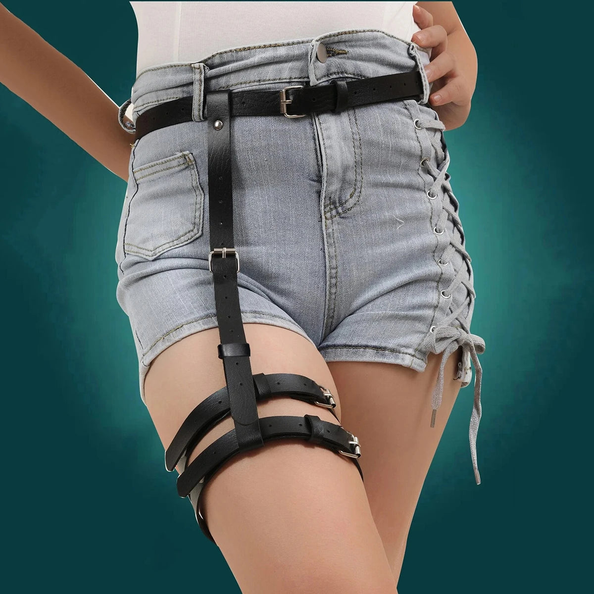 Gothic Steampunk Leg Harness - Studded Leather Thigh Garter with Bronze Hardware