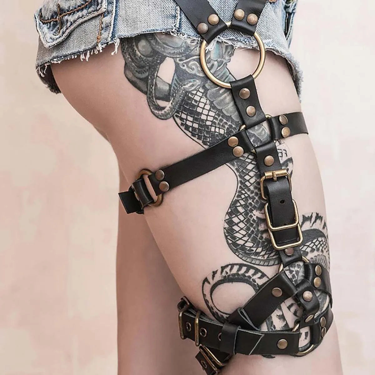 Gothic Steampunk Leg Harness - Studded Leather Thigh Garter with Bronze Hardware Secondary image