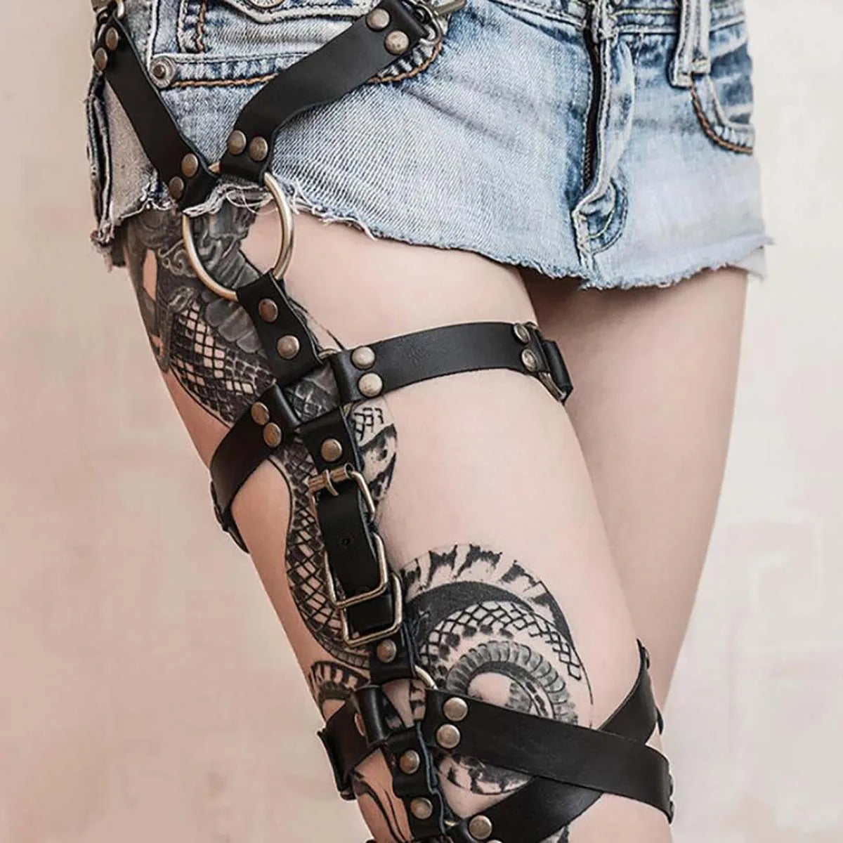 Gothic Steampunk Leg Harness - Studded Leather Thigh Garter with Bronze Hardware