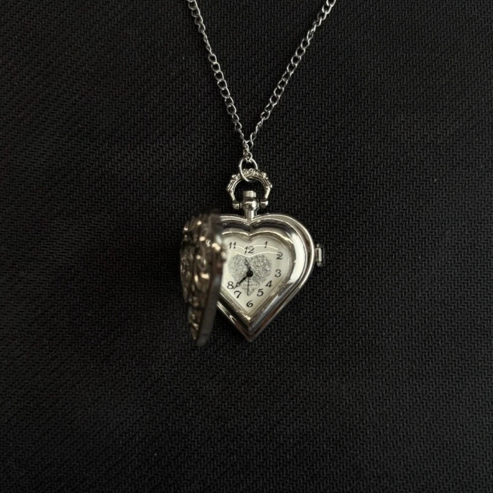 Gothic Steampunk Pocket Watch Necklace - Hollow Heart with Wings & Chain Pendant