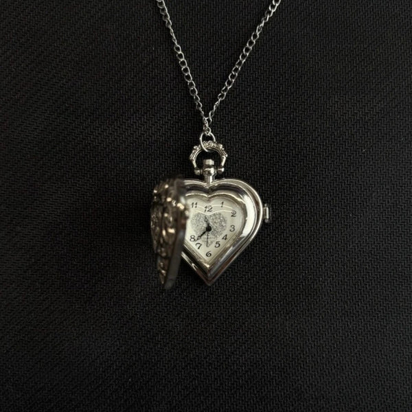 Gothic Steampunk Pocket Watch Necklace - Hollow Heart with Wings & Chain Pendant