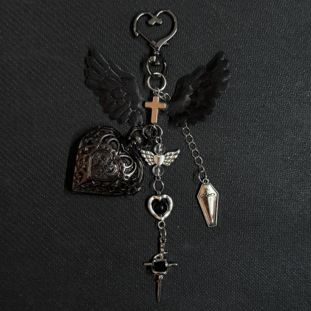 Gothic Steampunk Pocket Watch Necklace - Hollow Heart with Wings & Chain Pendant