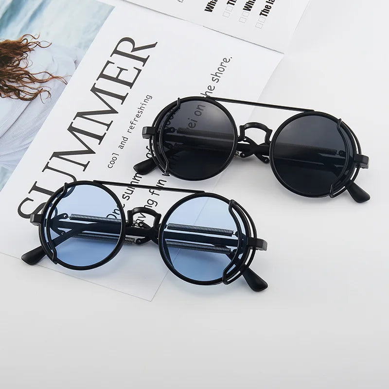 Gothic Steampunk Sunglasses - Round Side Shield Goggles with Metal Frame Many Colors Main image