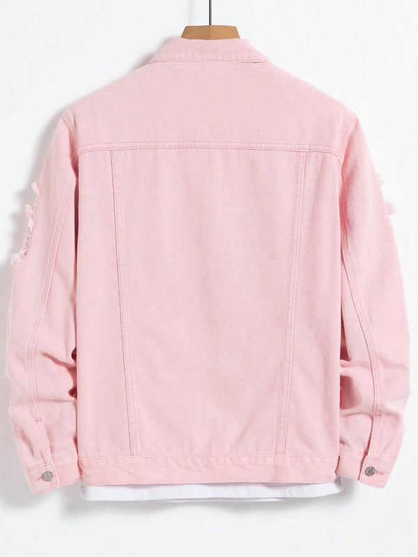 Men's Pink Ripped Denim Jacket - Casual Spring & Autumn Fashion