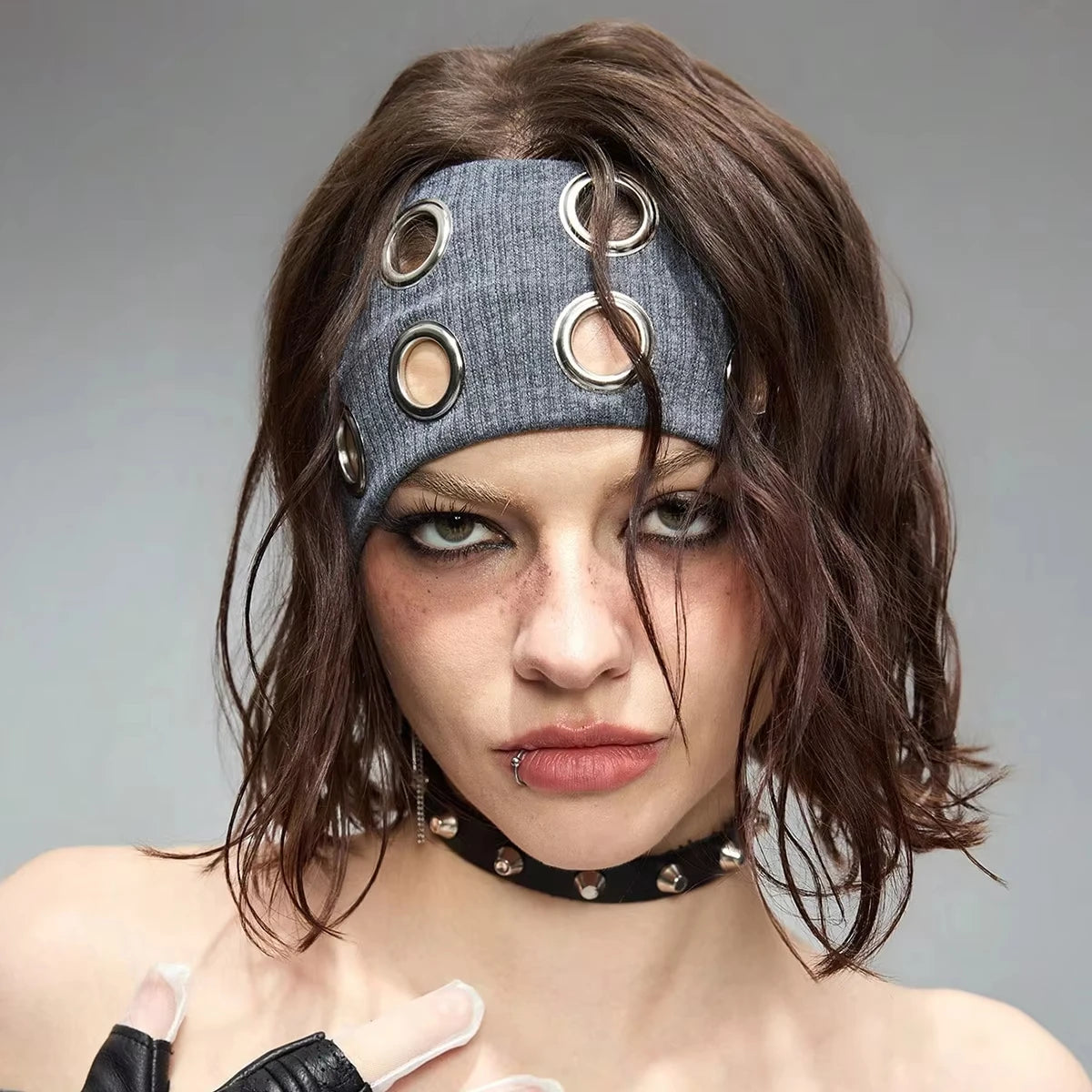 Punk Rock Headband - Wide Elastic Metal Eyelet Steampunk Hair Accessory