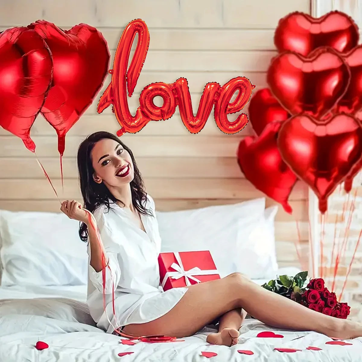 Red Love Letter Balloon Set with Heart Balloons and Rose Petals