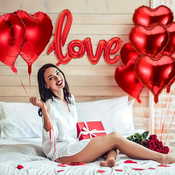 Red Love Letter Balloon Set with Heart Balloons and Rose Petals