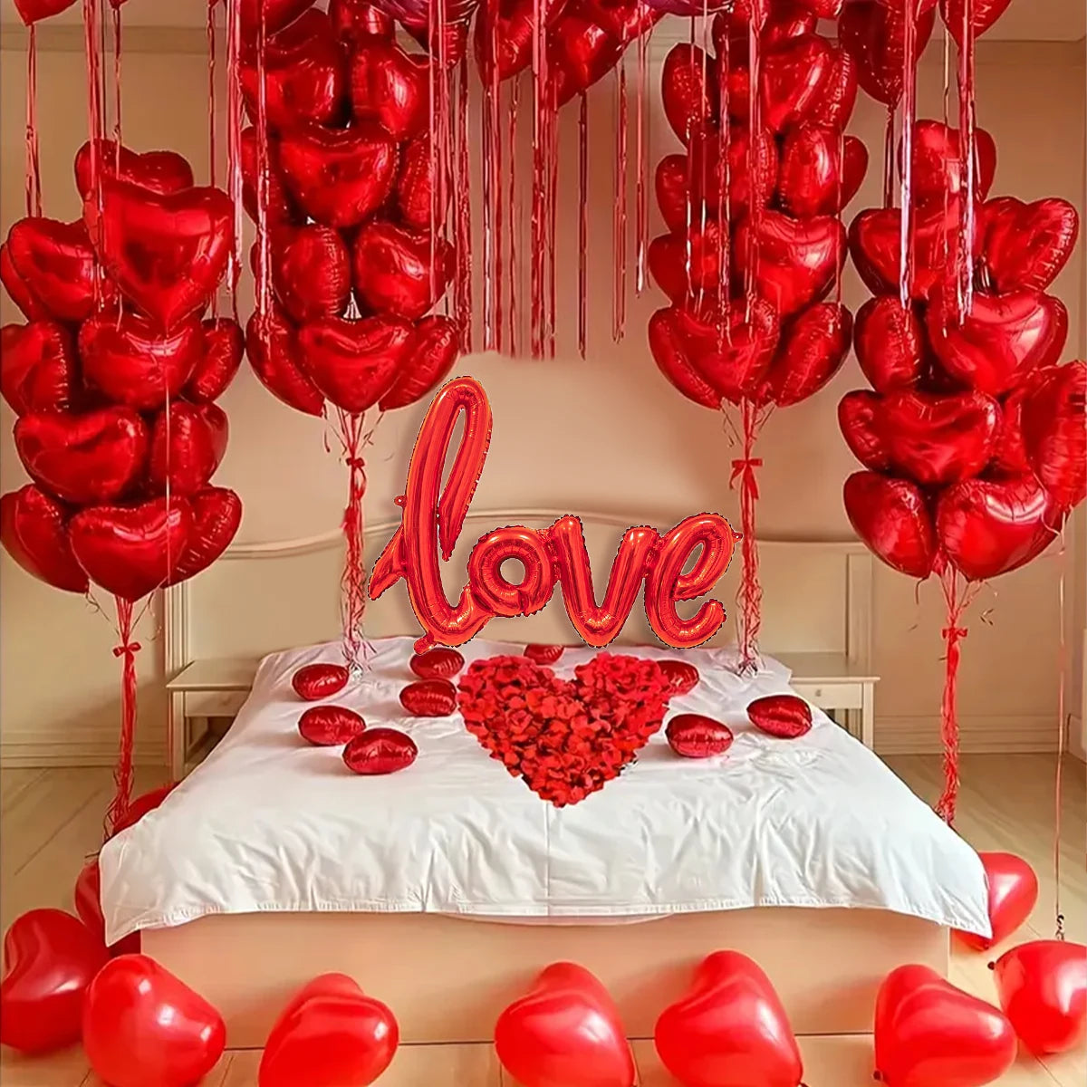 Red Love Letter Balloon Set with Heart Balloons and Rose Petals