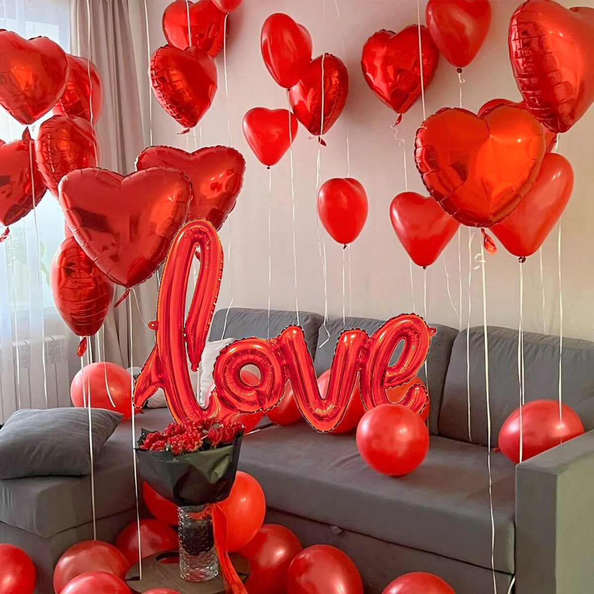 Red Love Letter Balloon Set with Heart Balloons and Rose Petals