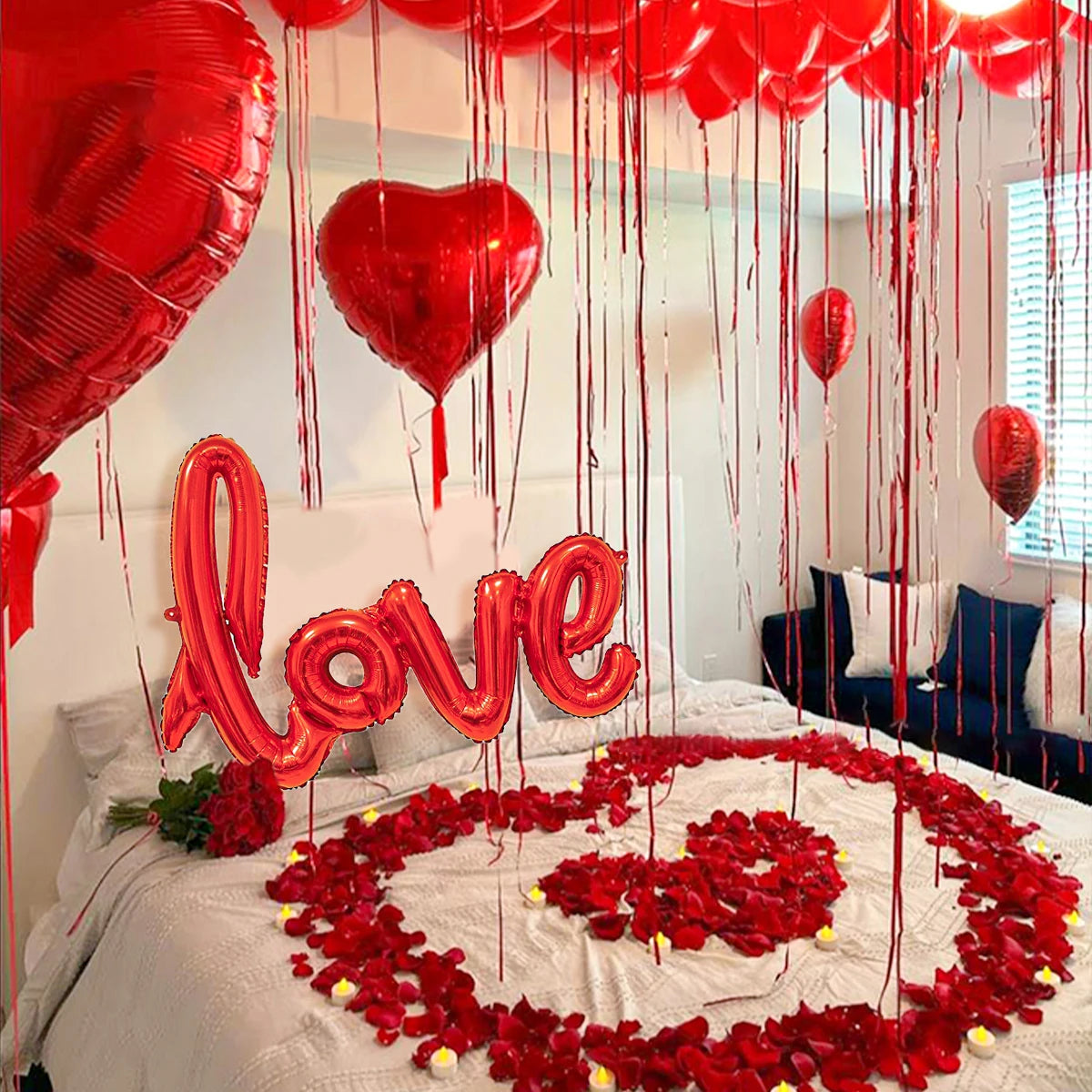 Red Love Letter Balloon Set with Heart Balloons and Rose Petals