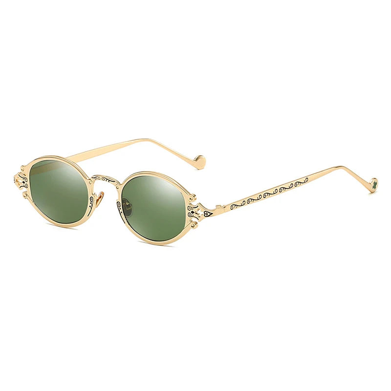 Retro Steampunk Oval Sunglasses - Gothic Metal Frame with Carved Detail