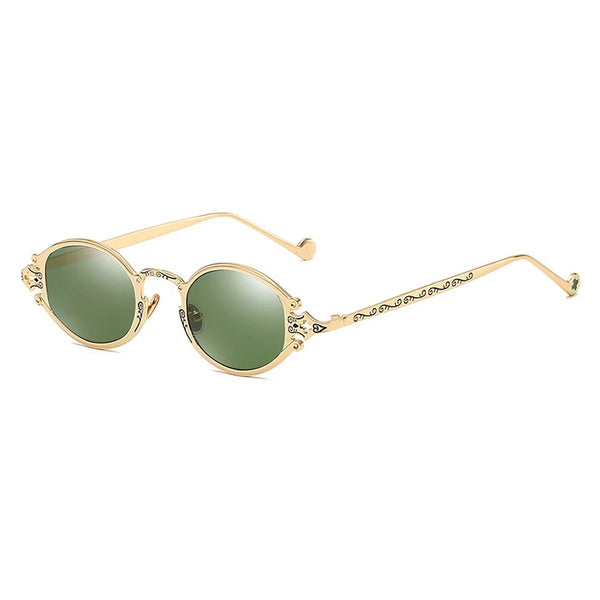 Retro Steampunk Oval Sunglasses - Gothic Metal Frame with Carved Detail
