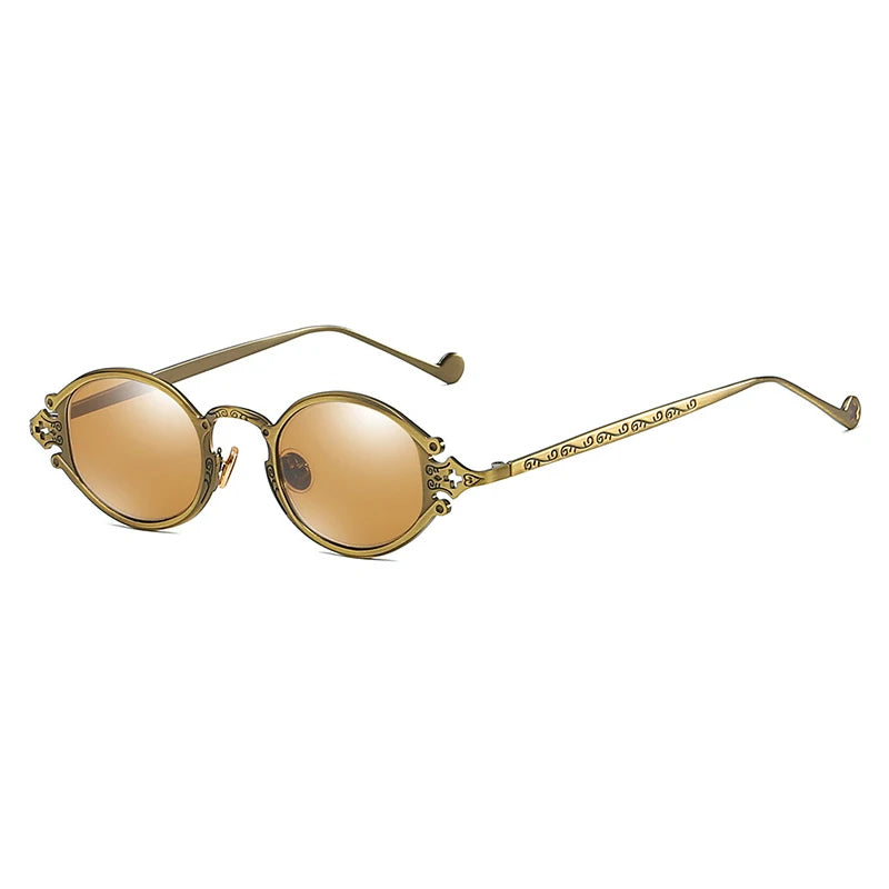 Retro Steampunk Oval Sunglasses - Gothic Metal Frame with Carved Detail