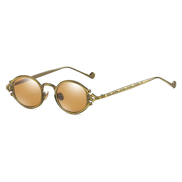Retro Steampunk Oval Sunglasses - Gothic Metal Frame with Carved Detail