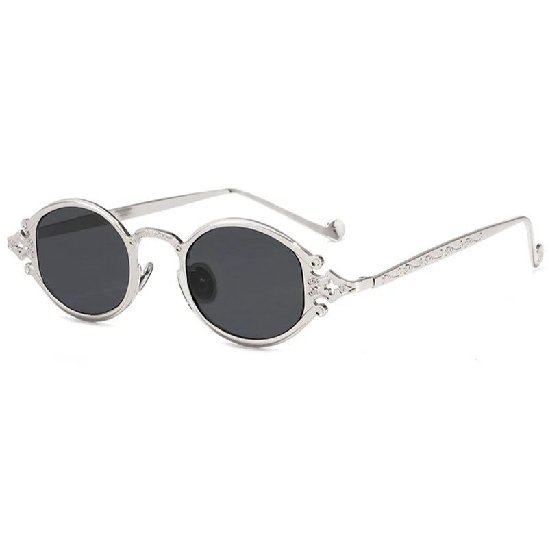 Retro Steampunk Oval Sunglasses - Gothic Metal Frame with Carved Detail