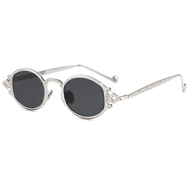 Retro Steampunk Oval Sunglasses - Gothic Metal Frame with Carved Detail