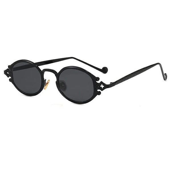 Retro Steampunk Oval Sunglasses - Gothic Metal Frame with Carved Detail
