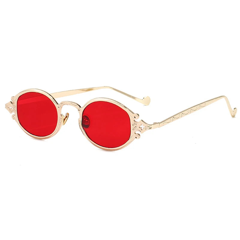 Retro Steampunk Oval Sunglasses - Gothic Metal Frame with Carved Detail