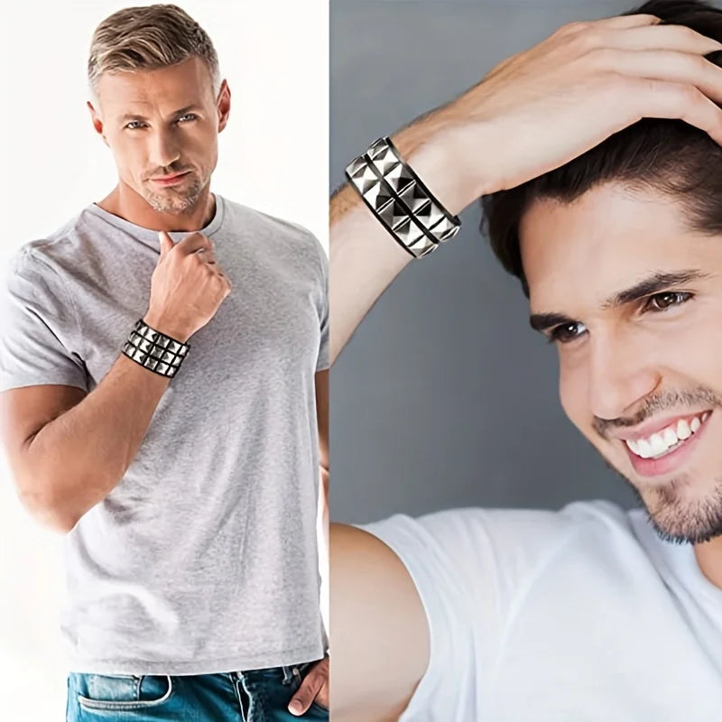 Sacred Pyramid Power Bracelet - Triple Row Gothic Leather Cuff with Protective Metal Studs Main image