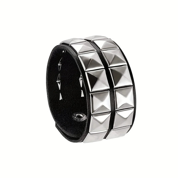 Sacred Pyramid Power Bracelet - Triple Row Gothic Leather Cuff with Protective Metal Studs